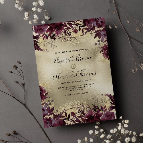 Luxury burgundy gold glitter floral wedding  invitation