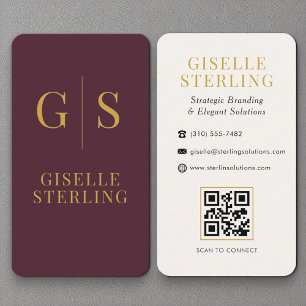 Luxury Burgundy Gold Monogram QR Code Business Card