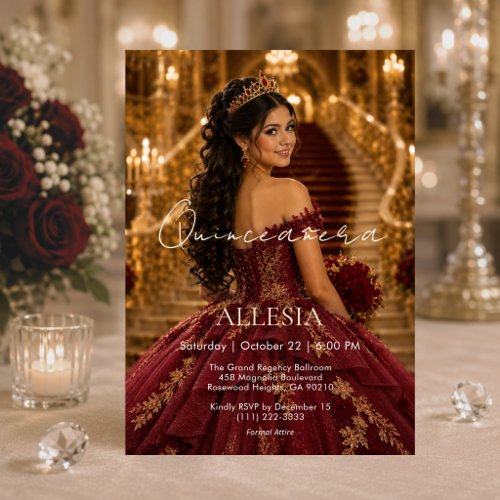 Luxury Burgundy Gold Quinceañera Invitation
