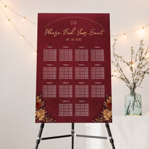 Luxury Burgundy & Gold Wedding Seating Chart Foam Board
