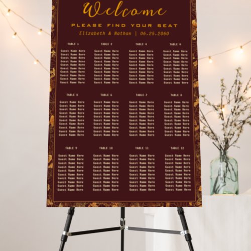 Luxury Burgundy Golden Floral Frame Seating Chart Foam Board