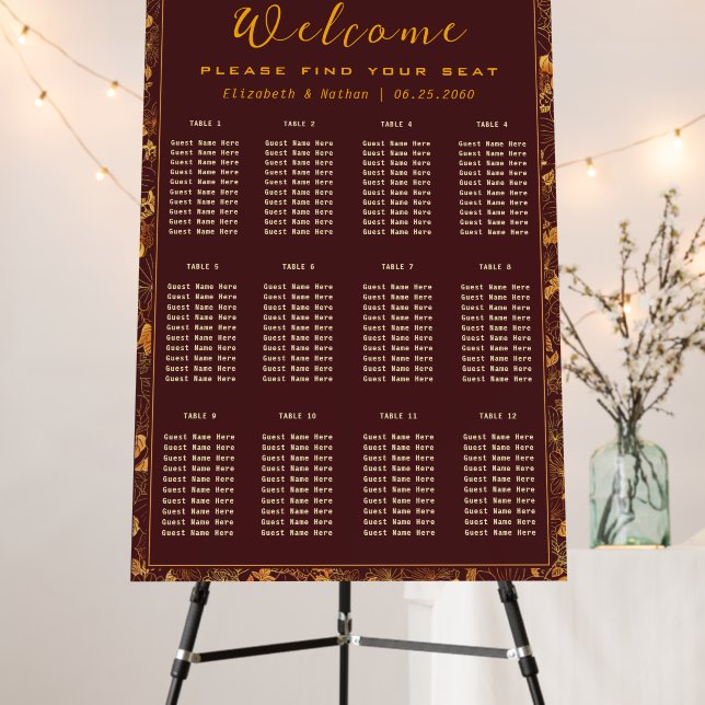 Luxury Burgundy Golden Floral Frame Seating Chart Foam Board (In Situ (Stand))