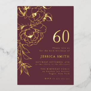 Luxury Burgundy Line Art 60th Birthday Gold Foil Invitation