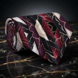 Luxury Burgundy Navy and Gold Marble Geometric Neck Tie