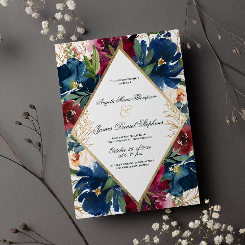 Luxury burgundy navy blue gold floral wedding invitation