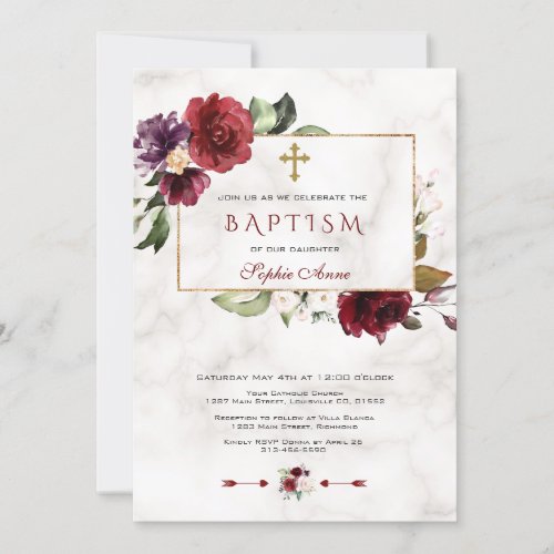 Luxury Burgundy Pink Floral Frame Marble Baptism Invitation