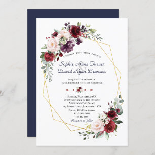 Luxury Burgundy Plum Blush Flowers Gold Wedding Invitation