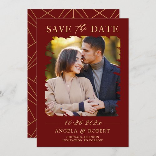 Luxury Burgundy Red Gold Brush Stroke Photo Frame Save The Date