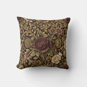 Luxury Burgundy Rose Gold Vine Floral Pattern Throw Pillow