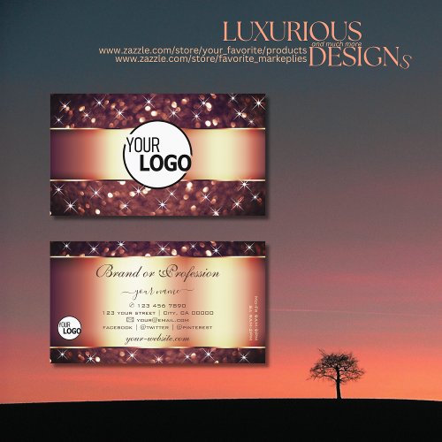 Luxury Burgundy Rose Golden Glitter Stars and Logo Business Card