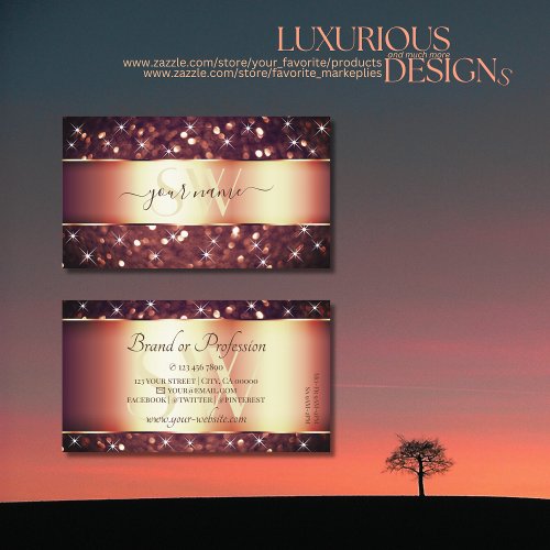 Luxury Burgundy Rose Golden Glitter Stars Monogram Business Card