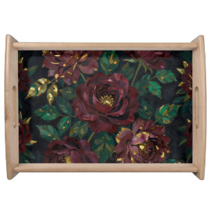 Luxury Burgundy Roses Gold Leaf Floral Serving Tray