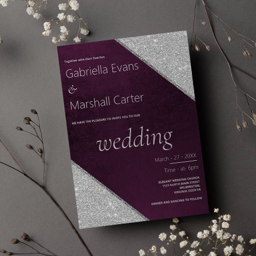 Luxury burgundy silver glitter geometric wedding  invitation