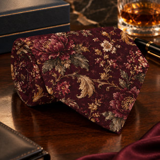 Luxury Burgundy Vintage Floral - dark botanical Neck Tie