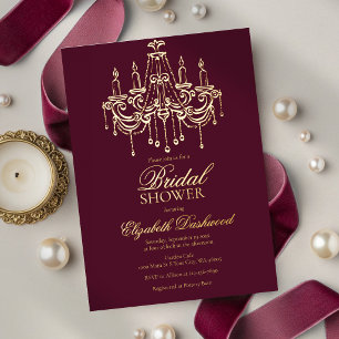 Luxury Burgundy Wine Gold Chandelier Bridal Shower Foil Invitation