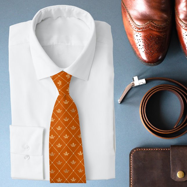 Luxury Burnt Orange Gold Crown Pattern Modern Neck Tie (Creator Uploaded)