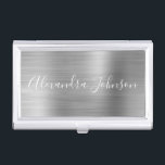 Luxury Busines Silver Foil Modern Business Card Case<br><div class="desc">Silver Foil Metallic Stainless Steel Minimalist Business Card Holder with white lettered script signature typography for the monogram. The Foil Metal Business Card Holders can be customized with your name. Please contact the designer for customized matching items.</div>