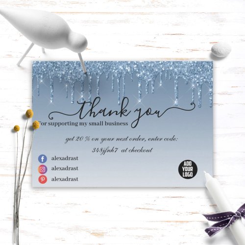 Luxury Business Blue Dripping Glitter Thank You Card