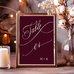 Luxury Calligraphy Burgundy Wedding Number 1,  Table Number<br><div class="desc">Table 1. Please check all available numbers. | Luxury and elegant swirly calligraphy wedding table number with your initials.  For more advanced customization of this design,  please click the BLUE DESIGN TOOL BUTTON above!</div>
