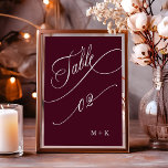 Luxury Calligraphy Burgundy Wedding Number 2,  Table Number<br><div class="desc">Table 2. Please check all available numbers. | Luxury and elegant swirly calligraphy wedding table number with your initials.  For more advanced customization of this design,  please click the BLUE DESIGN TOOL BUTTON above!</div>