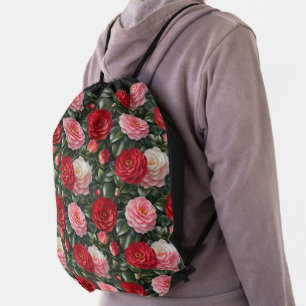 Luxury Camellia Blossom Foliage Drawstring Bag