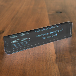 Luxury Car logo - Ice Blue Sports Car on black Desk Name Plate