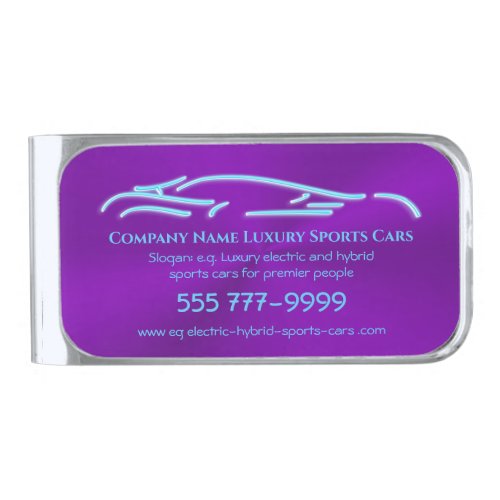Luxury Car logo _ Ice Blue Sports Car on purple Silver Finish Money Clip