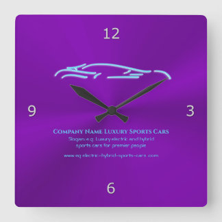 Luxury Car logo - Ice Blue Sports Car on purple Square Wall Clock