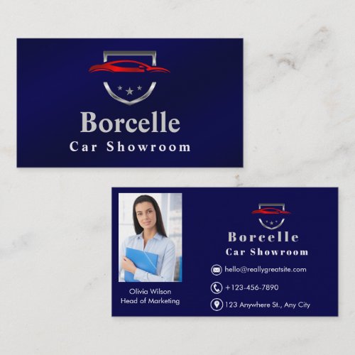 Luxury Car logo _ Red Sportscar on blue Business Card