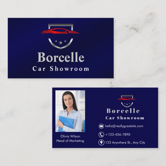 Luxury Car logo - Red Sportscar on blue Business Card (Front/Back)