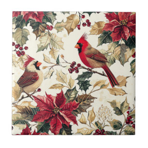 Luxury Cardinal Poinsettia Christmas Cream Red Ceramic Tile