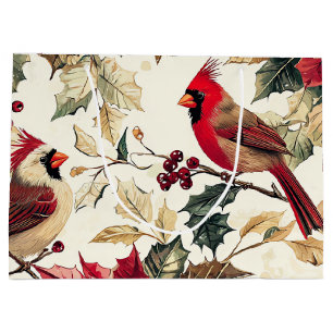 Luxury Cardinal Poinsettia Christmas Cream Red Large Gift Bag