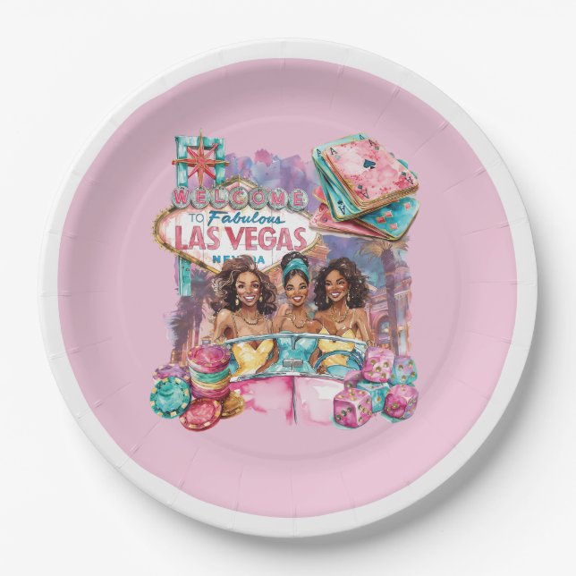 Luxury Casino Bachelorette Afro Girls Illustration Paper Plates (Front)
