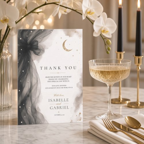 Luxury Celestial Moon Wedding | Black Tulle Bow  Thank You Card