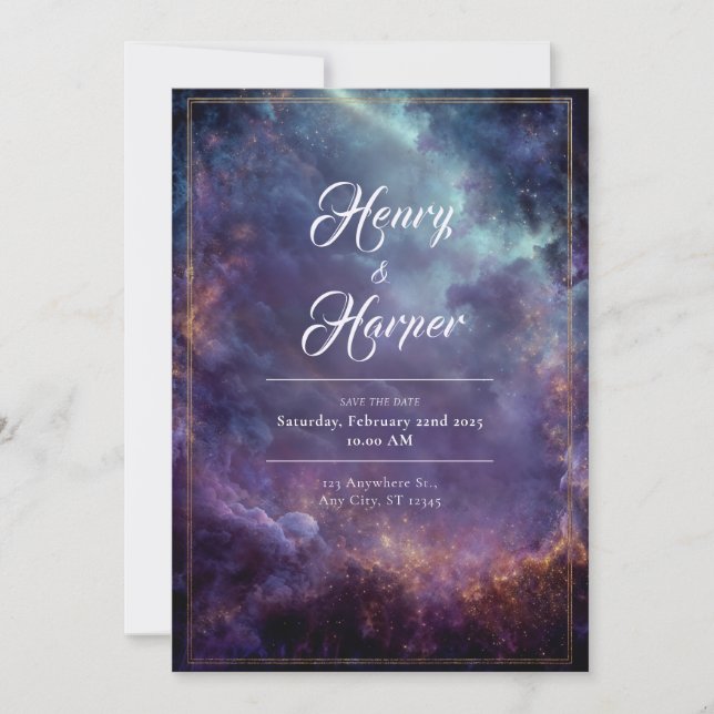 Luxury Celestial Nebula Purple Gold Frame Wedding Invitation (Front)