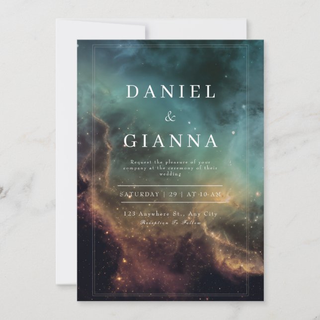 Luxury Celestial Teal Gold Nebula Wedding Invitation (Front)