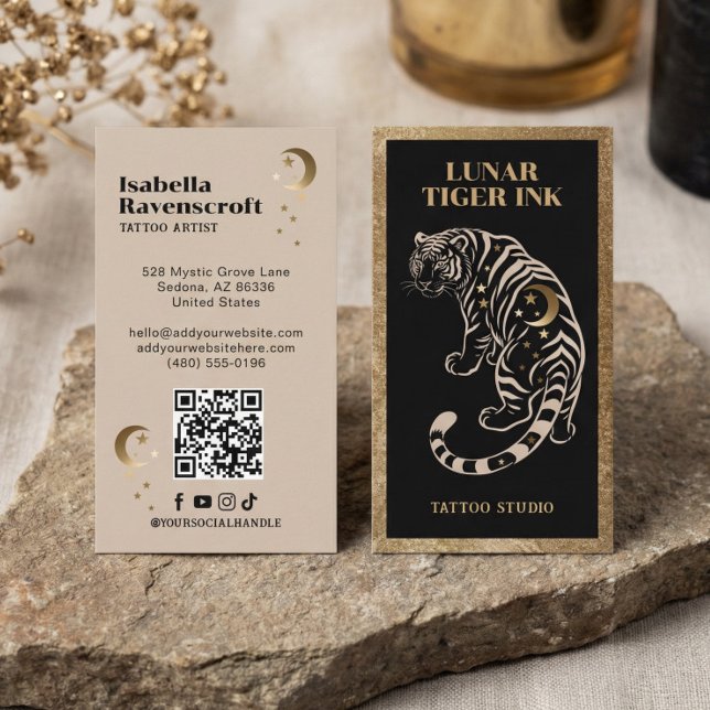 Luxury Celestial Tiger Tattoo Artist Black Gold Business Card (Luxury Celestial Tiger Tattoo Artist Black Gold Business Card)