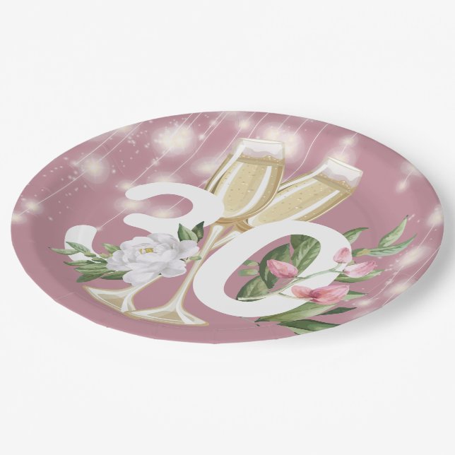 Luxury Champagne Floral 30th Birthday Paper Plates (Angled)