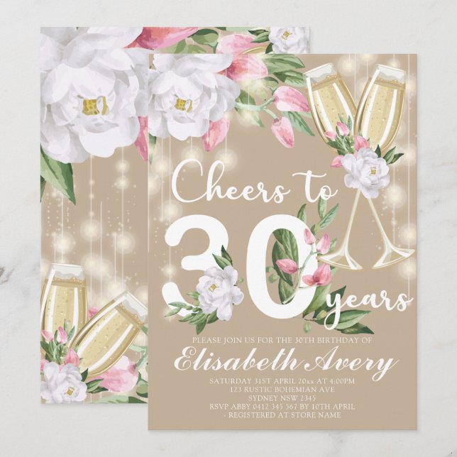 Luxury Champagne Floral 30th Birthday Party Invitation (Front/Back)