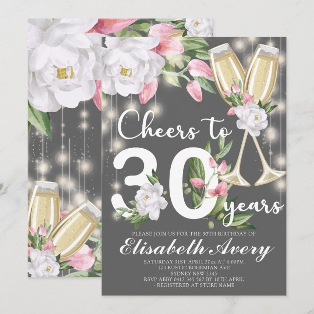 Luxury Champagne Floral Grey 30th Birthday Party Invitation (Front/Back)
