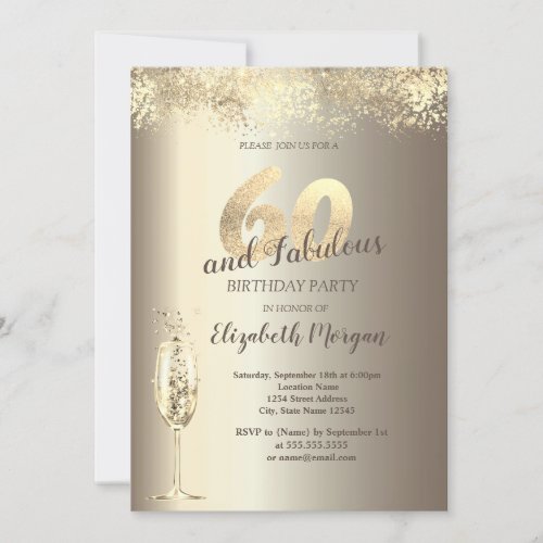 Luxury Champagne Glass Gold Confetti 60th Birthday Invitation