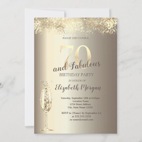 Luxury Champagne Glass Gold Confetti 70th Birthday Invitation