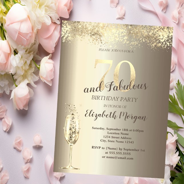 Luxury Champagne Glass Gold Confetti 70th Birthday Invitation (Creator Uploaded)
