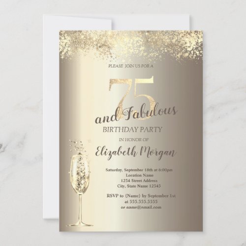 Luxury Champagne Glass Gold Confetti 75th Birthday Invitation