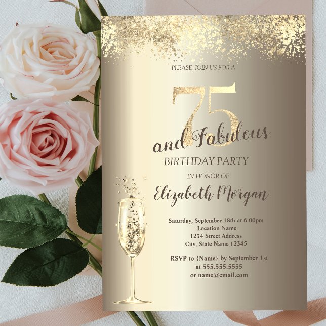 Luxury Champagne Glass Gold Confetti 75th Birthday Invitation (Creator Uploaded)