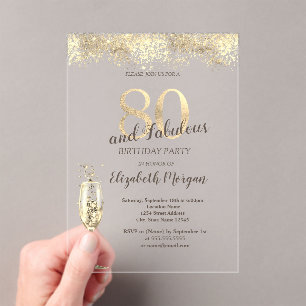 Luxury Champagne Glass Gold Confetti 80th Birthday Acrylic Invitations