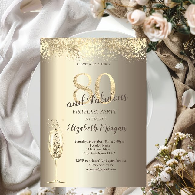 Luxury Champagne Glass Gold Confetti 80th Birthday Invitation (Creator Uploaded)