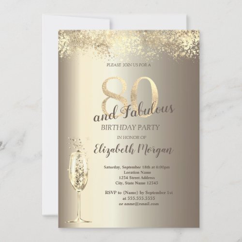 Luxury Champagne Glass Gold Confetti 80th Birthday Invitation