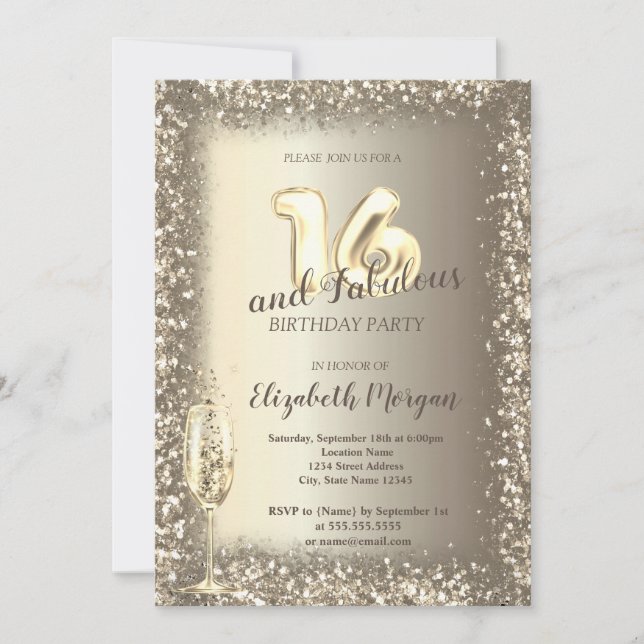 Luxury Champagne Glass Gold Confetti Frame 16th  Invitation (Front)