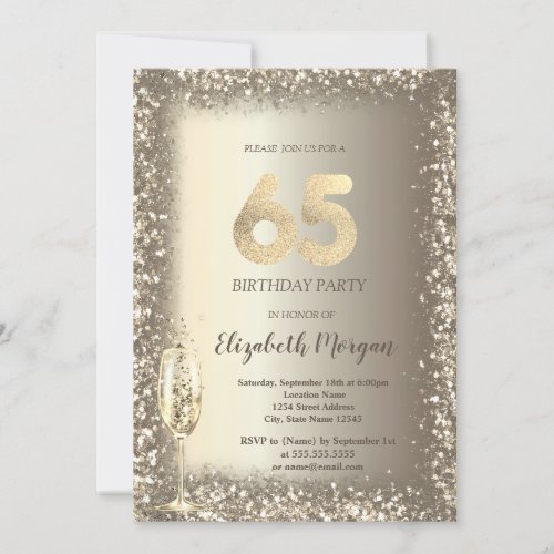 Luxury Champagne Glass Gold Confetti Frame 65th  Invitation